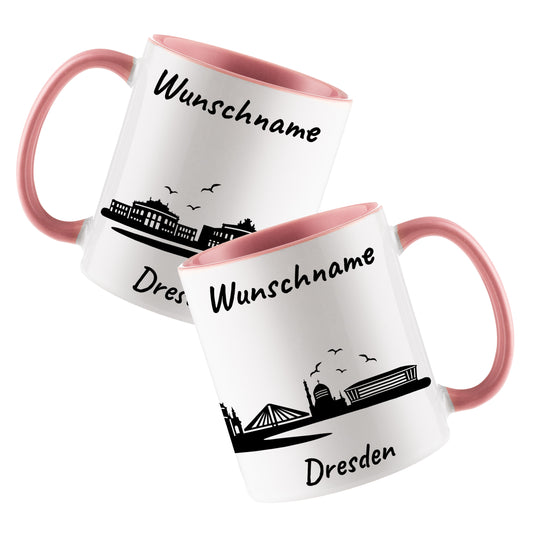 Tasse in Rosa 330ml bedruckt mit der Skyline von Dresden personalisierbar mit Wunschname