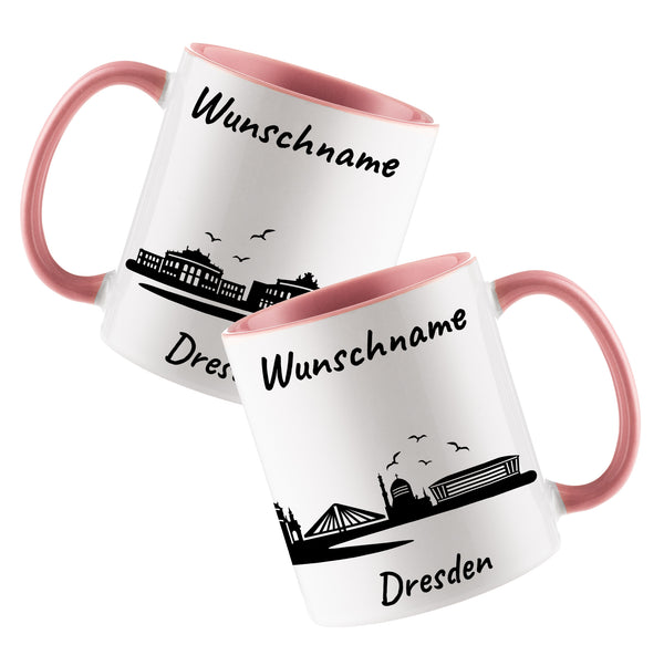 Tasse in Rosa 330ml bedruckt mit der Skyline von Dresden personalisierbar mit Wunschname