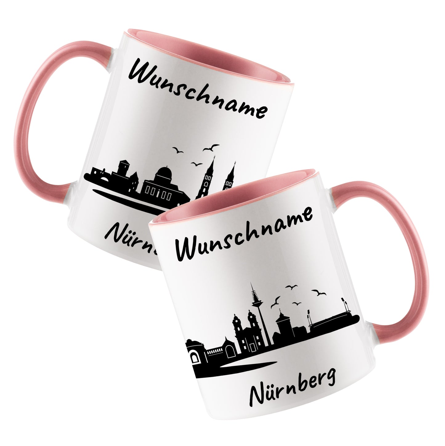 Tasse in Rosa 330ml bedruckt mit der Skyline von Nürnberg personalisierbar mit Wunschname