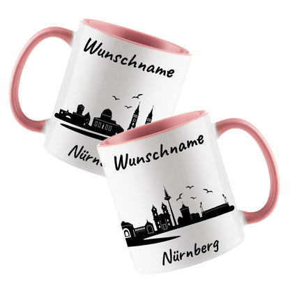 Tasse in Rosa 330ml bedruckt mit der Skyline von Nürnberg personalisierbar mit Wunschname
