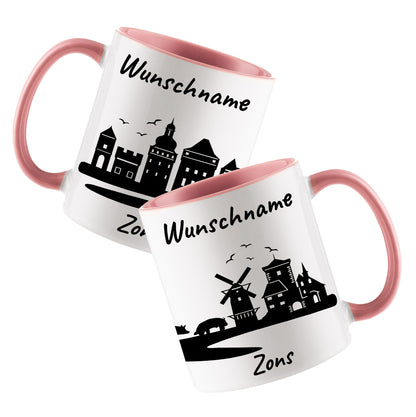 Tasse in Rosa 330ml bedruckt mit der Skyline von Zons (Dormagen) personalisierbar mit Wunschname