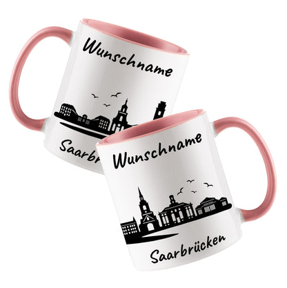Tasse in Rosa 330ml bedruckt mit der Skyline von Saarbrücken personalisierbar mit Wunschname