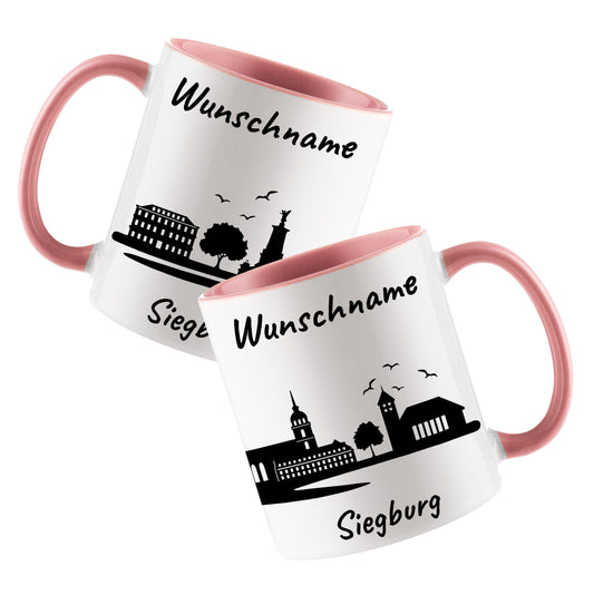 Tasse in Rosa 330ml bedruckt mit der Skyline von Siegburg personalisierbar mit Wunschname