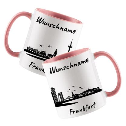 Tasse in Rosa 330ml bedruckt mit der Skyline von Frankfurt personalisierbar mit Wunschname