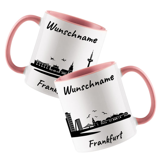 Tasse in Rosa 330ml bedruckt mit der Skyline von Frankfurt personalisierbar mit Wunschname