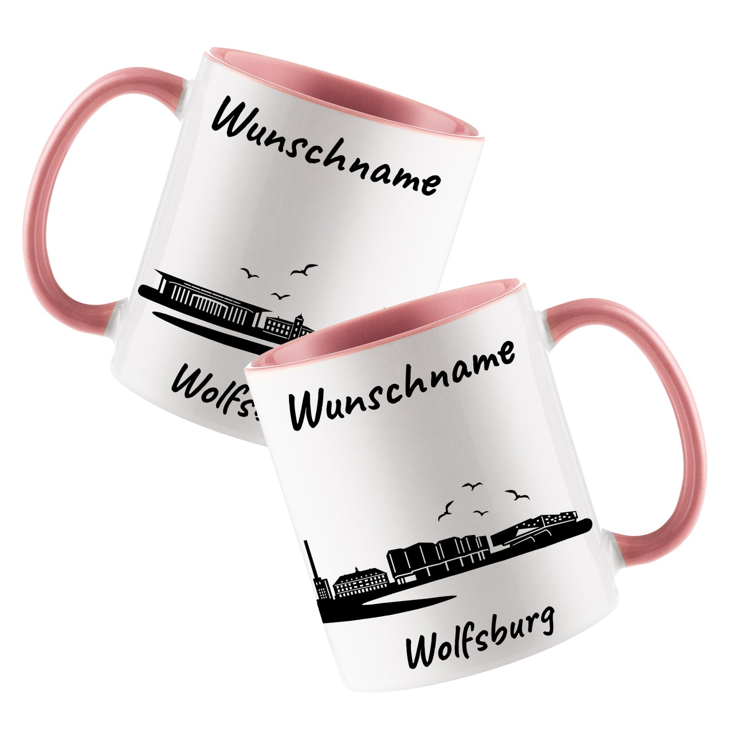 Tasse in Rosa 330ml bedruckt mit der Skyline von Wolfsburg personalisierbar mit Wunschname