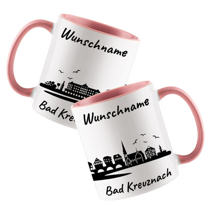 Tasse in Rosa 330ml bedruckt mit der Skyline von Bad Kreuznach personalisierbar mit Wunschname