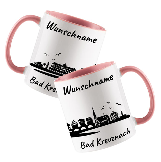 Tasse in Rosa 330ml bedruckt mit der Skyline von Bad Kreuznach personalisierbar mit Wunschname