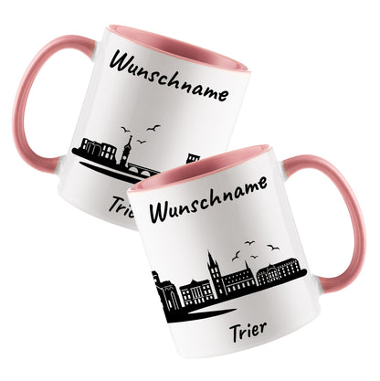 Tasse in Rosa 330ml bedruckt mit der Skyline von Trier personalisierbar mit Wunschname