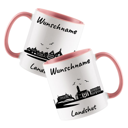 Tasse in Rosa 330ml bedruckt mit der Skyline von Landshut personalisierbar mit Wunschname