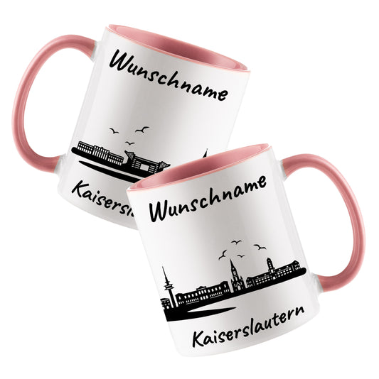 Tasse in Rosa 330ml bedruckt mit der Skyline von Kaiserslautern personalisierbar mit Wunschname