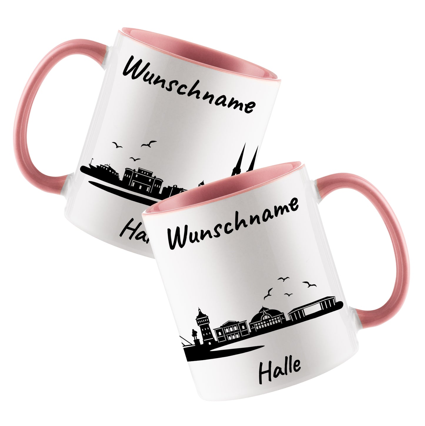 Tasse in Rosa 330ml bedruckt mit der Skyline von Halle personalisierbar mit Wunschname