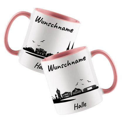 Tasse in Rosa 330ml bedruckt mit der Skyline von Halle personalisierbar mit Wunschname