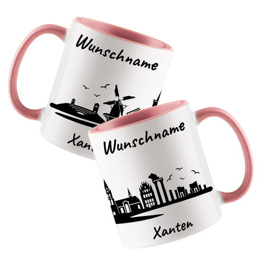 Tasse in Rosa 330ml bedruckt mit der Skyline von Xanten personalisierbar mit Wunschname