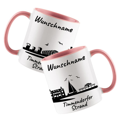 Tasse in Rosa 330ml bedruckt mit der Skyline von Timmendorfer Strand personalisierbar mit Wunschname