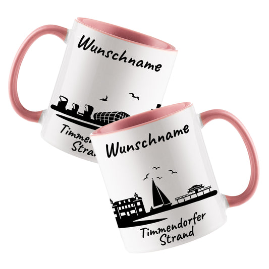 Tasse in Rosa 330ml bedruckt mit der Skyline von Timmendorfer Strand personalisierbar mit Wunschname