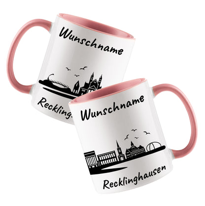 Tasse in Rosa 330ml bedruckt mit der Skyline von Recklinghausen personalisierbar mit Wunschname