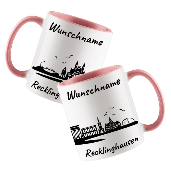 Tasse in Rosa 330ml bedruckt mit der Skyline von Recklinghausen personalisierbar mit Wunschname