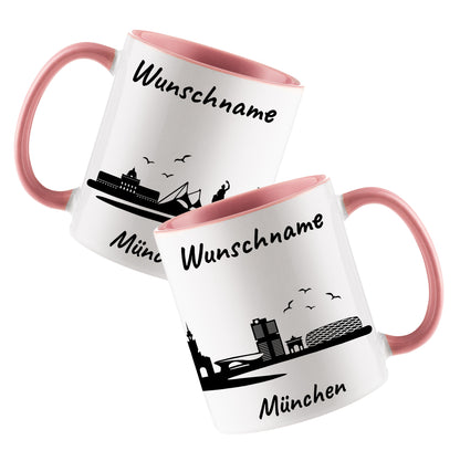 Tasse in Rosa 330ml bedruckt mit der Skyline von München personalisierbar mit Wunschname