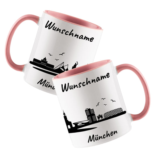 Tasse in Rosa 330ml bedruckt mit der Skyline von München personalisierbar mit Wunschname