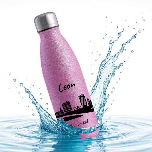 Glitzer Trinkflasche in Rosa 500ml aus Edelstahl bedruckt mit der Skyline von Wuppertal personalisierbar mit Wunschname