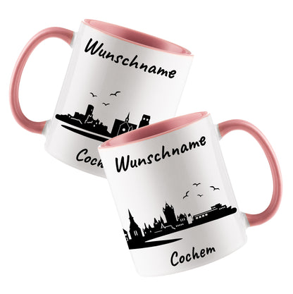Tasse in Rosa 330ml bedruckt mit der Skyline von Cochem personalisierbar mit Wunschname