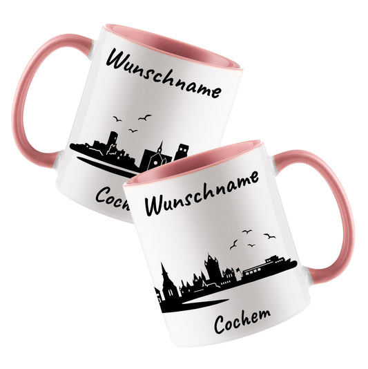 Tasse in Rosa 330ml bedruckt mit der Skyline von Cochem personalisierbar mit Wunschname
