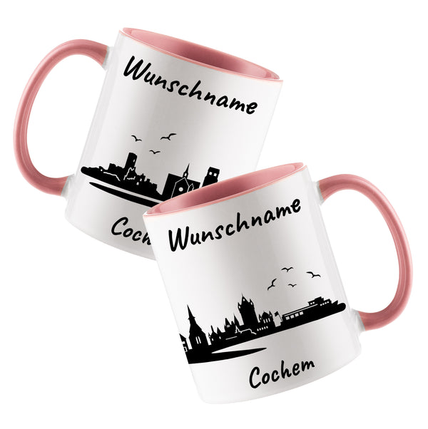 Tasse in Rosa 330ml bedruckt mit der Skyline von Cochem personalisierbar mit Wunschname