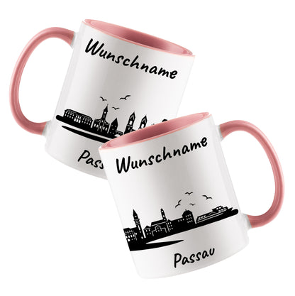 Tasse in Rosa 330ml bedruckt mit der Skyline von Passau personalisierbar mit Wunschname
