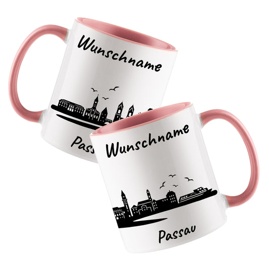 Tasse in Rosa 330ml bedruckt mit der Skyline von Passau personalisierbar mit Wunschname