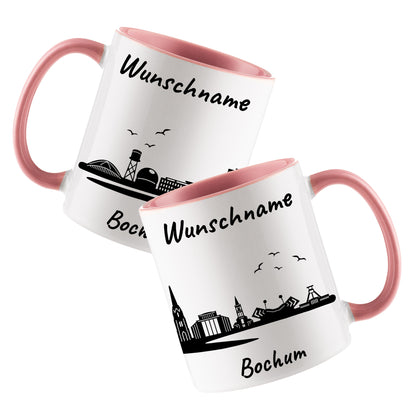 Tasse in Rosa 330ml bedruckt mit der Skyline von Bochum personalisierbar mit Wunschname