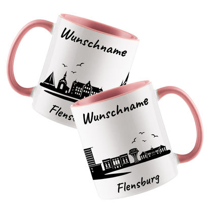 Tasse in Rosa 330ml bedruckt mit der Skyline von Flensburg personalisierbar mit Wunschname