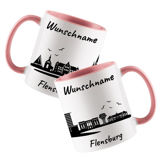 Tasse in Rosa 330ml bedruckt mit der Skyline von Flensburg personalisierbar mit Wunschname