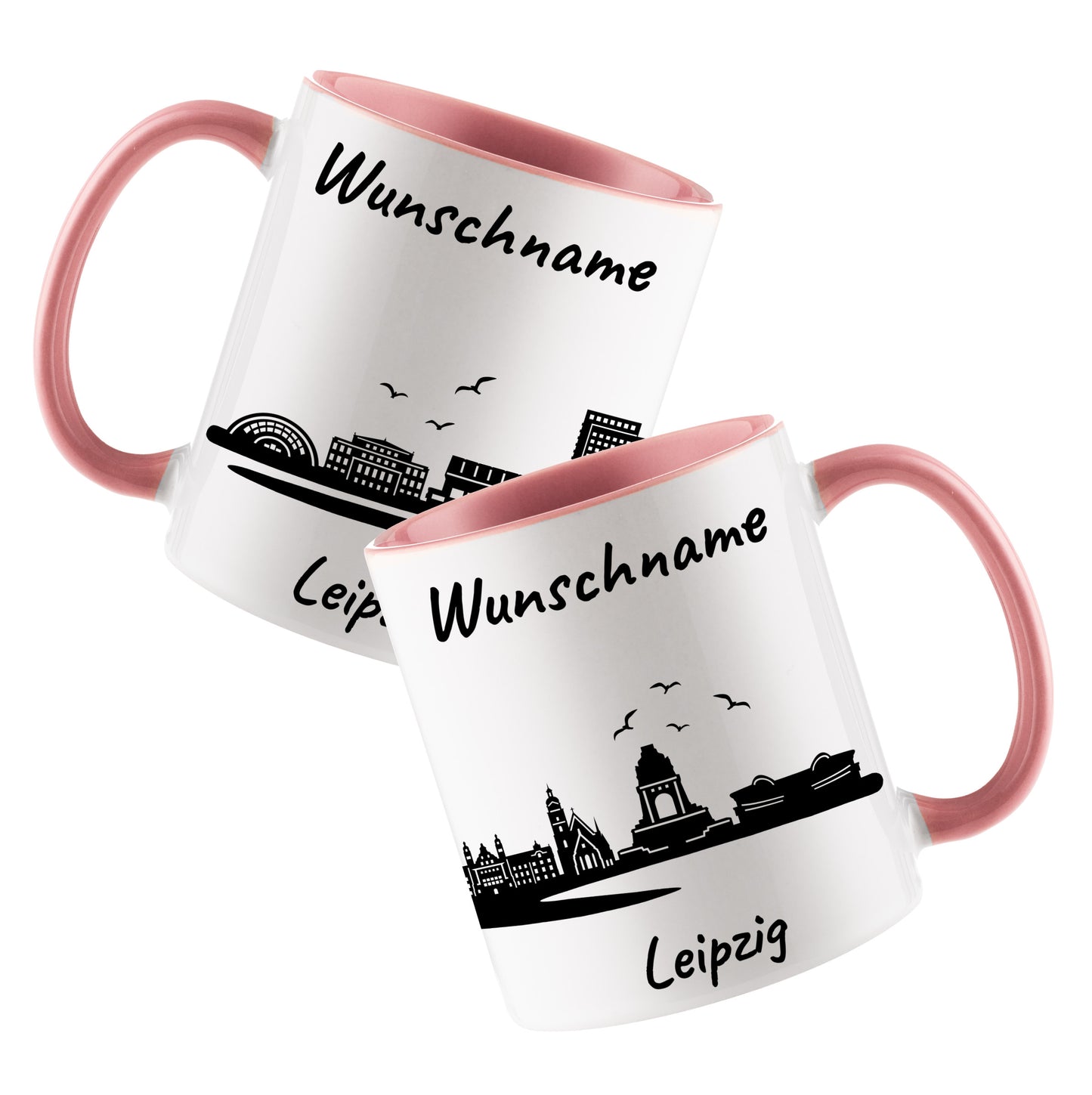 Tasse in Rosa 330ml bedruckt mit der Skyline von Leipzig personalisierbar mit Wunschname