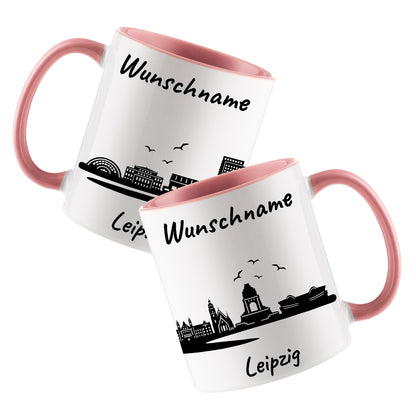 Tasse in Rosa 330ml bedruckt mit der Skyline von Leipzig personalisierbar mit Wunschname