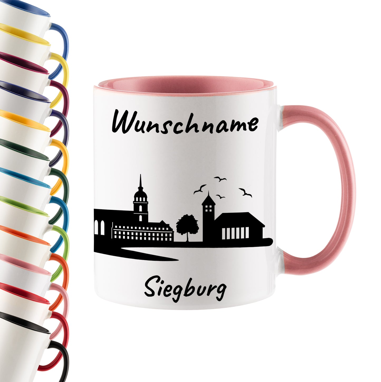 Tasse in Rosa 330ml bedruckt mit der Skyline von Siegburg personalisierbar mit Wunschname