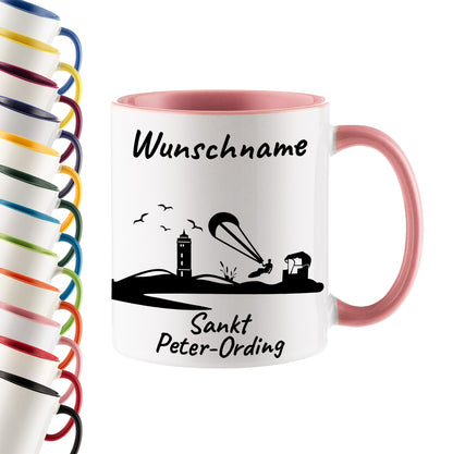Tasse in Rosa 330ml bedruckt mit der Skyline von Sankt Peter-Ording personalisierbar mit Wunschname