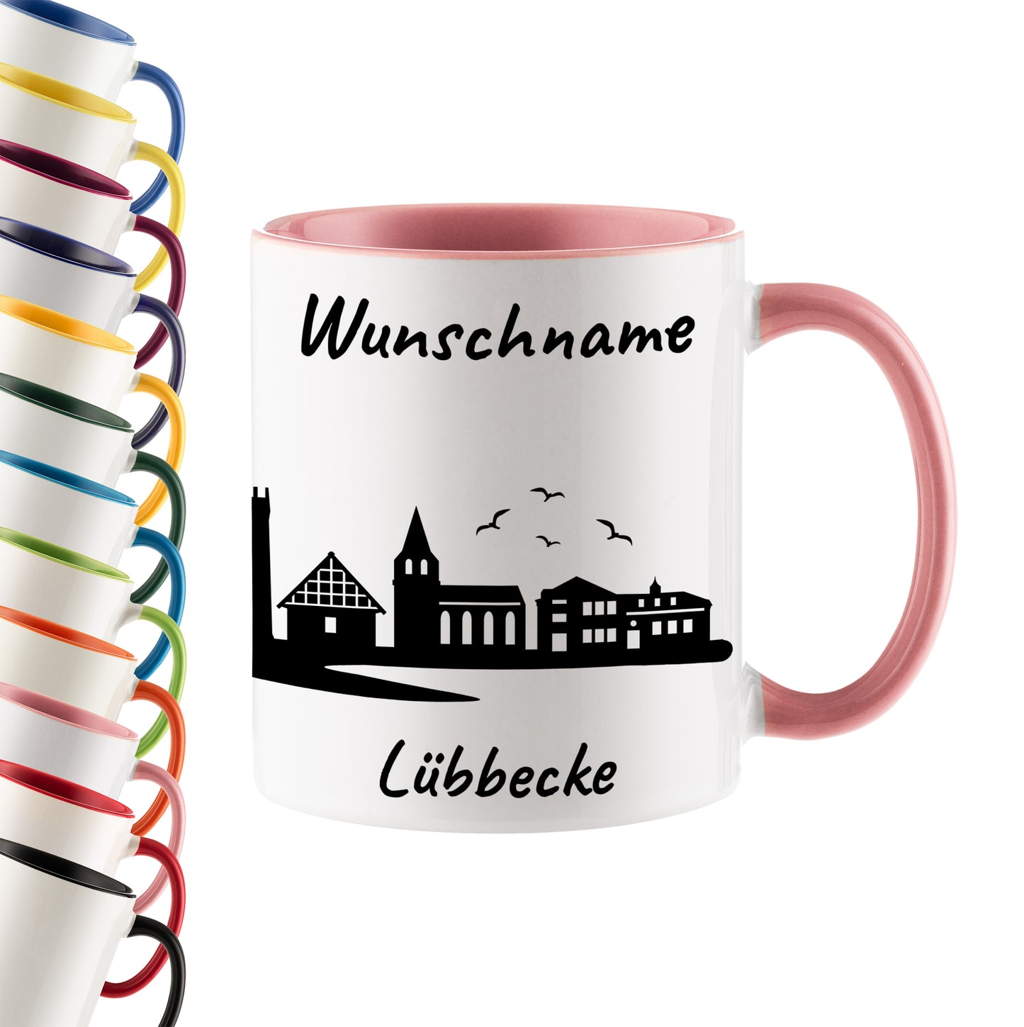 Tasse in Rosa 330ml bedruckt mit der Skyline von Lübbecke personalisierbar mit Wunschname