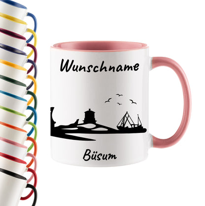 Tasse in Rosa 330ml bedruckt mit der Skyline von Büsum personalisierbar mit Wunschname