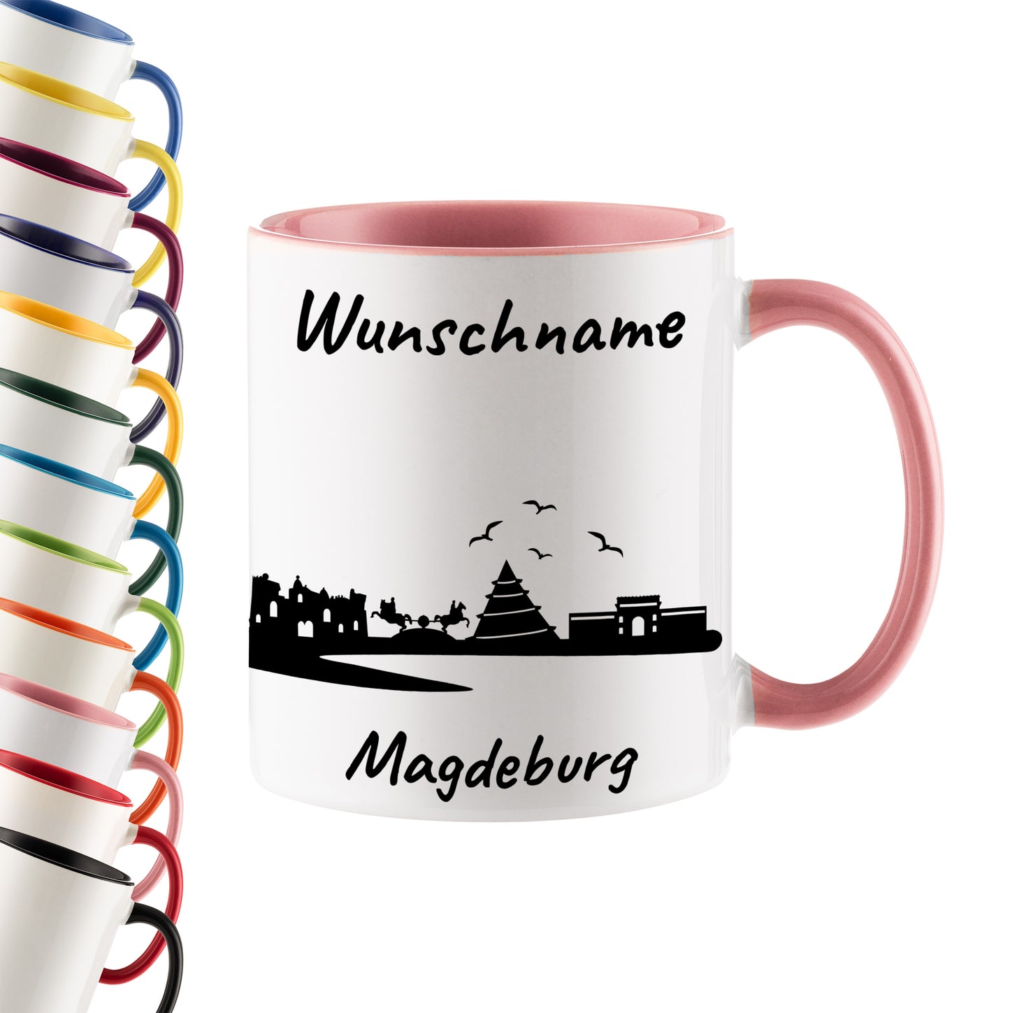 Tasse in Rosa 330ml bedruckt mit der Skyline von Magdeburg personalisierbar mit Wunschname