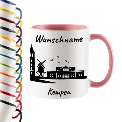 Tasse in Rosa 330ml bedruckt mit der Skyline von Kempen personalisierbar mit Wunschname
