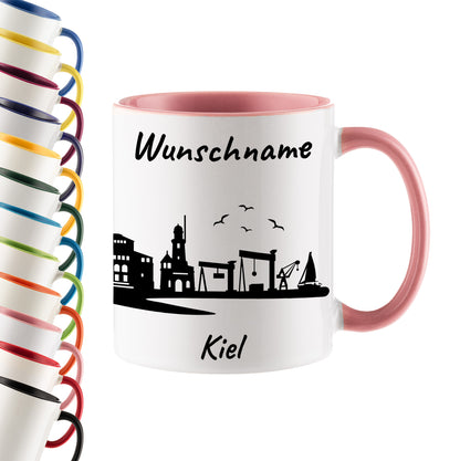 Tasse in Rosa 330ml bedruckt mit der Skyline von Kiel personalisierbar mit Wunschname