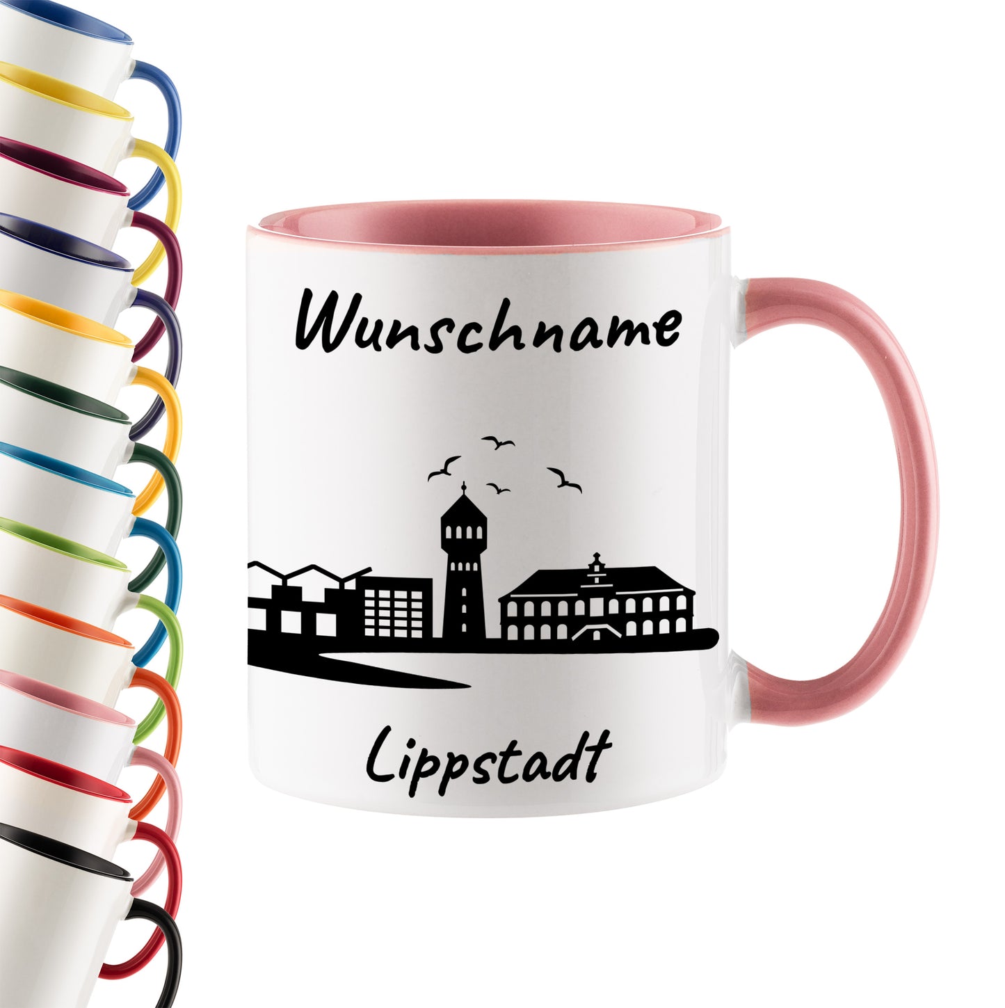 Tasse in Rosa 330ml bedruckt mit der Skyline von Lippstadt personalisierbar mit Wunschname
