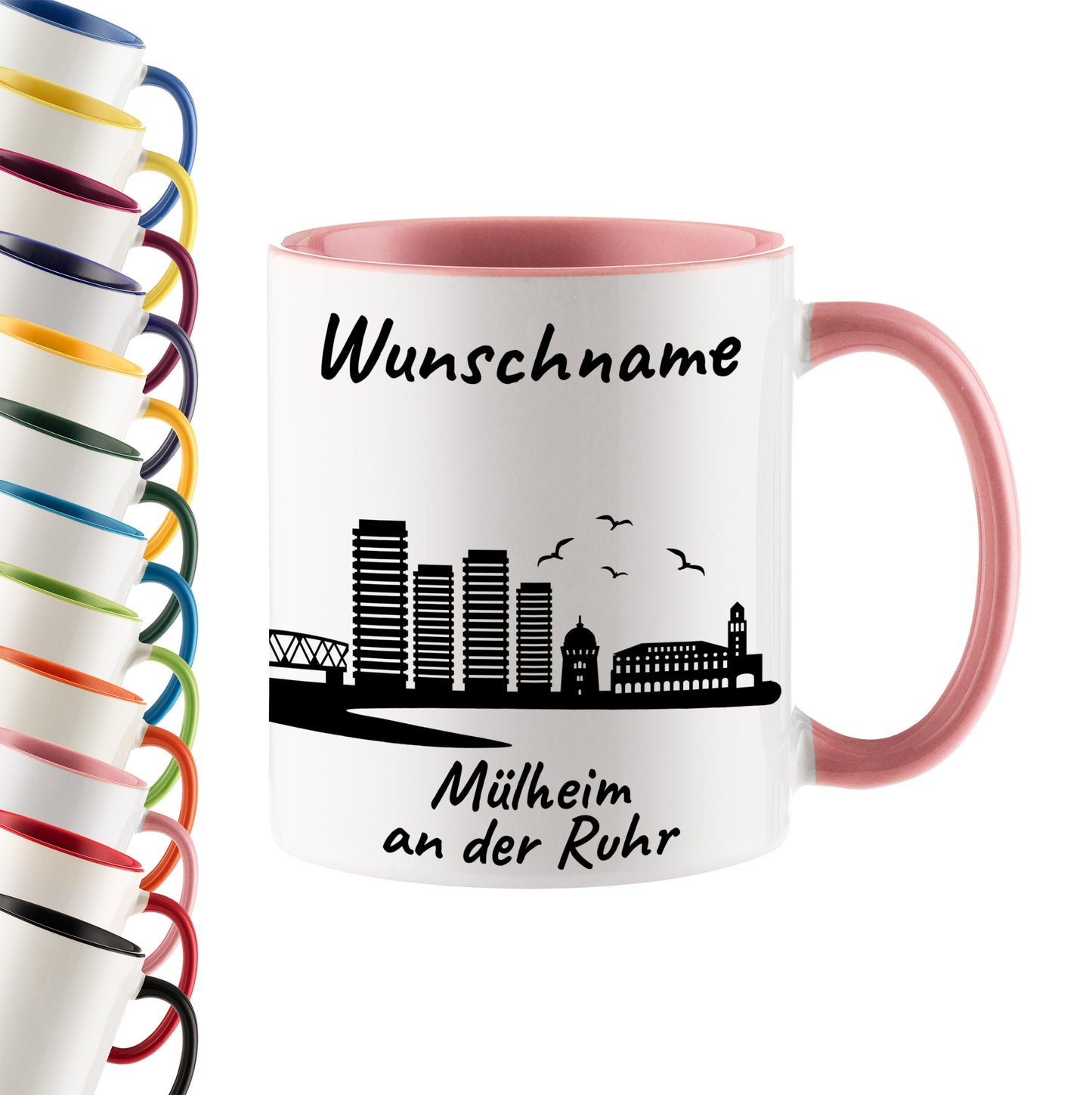 Tasse in Rosa 330ml bedruckt mit der Skyline von Mülheim an der Ruhr personalisierbar mit Wunschname