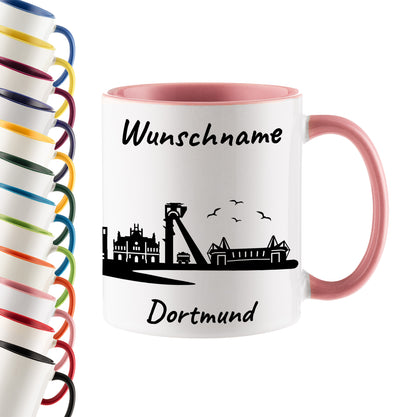 Tasse in Rosa 330ml bedruckt mit der Skyline von Dortmund personalisierbar mit Wunschname