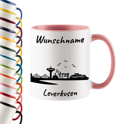 Tasse in Rosa 330ml bedruckt mit der Skyline von Leverkusen personalisierbar mit Wunschname