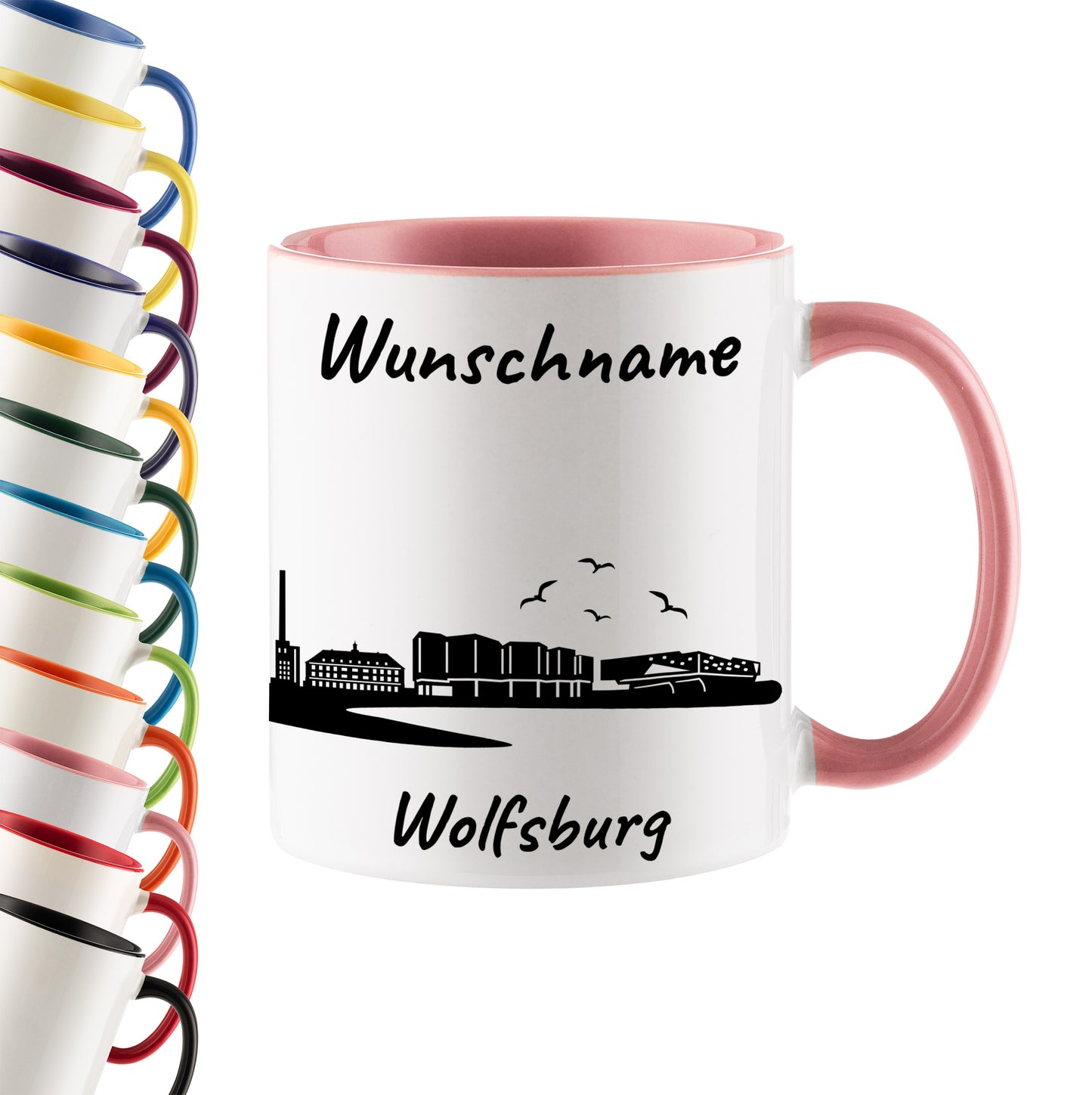 Tasse in Rosa 330ml bedruckt mit der Skyline von Wolfsburg personalisierbar mit Wunschname