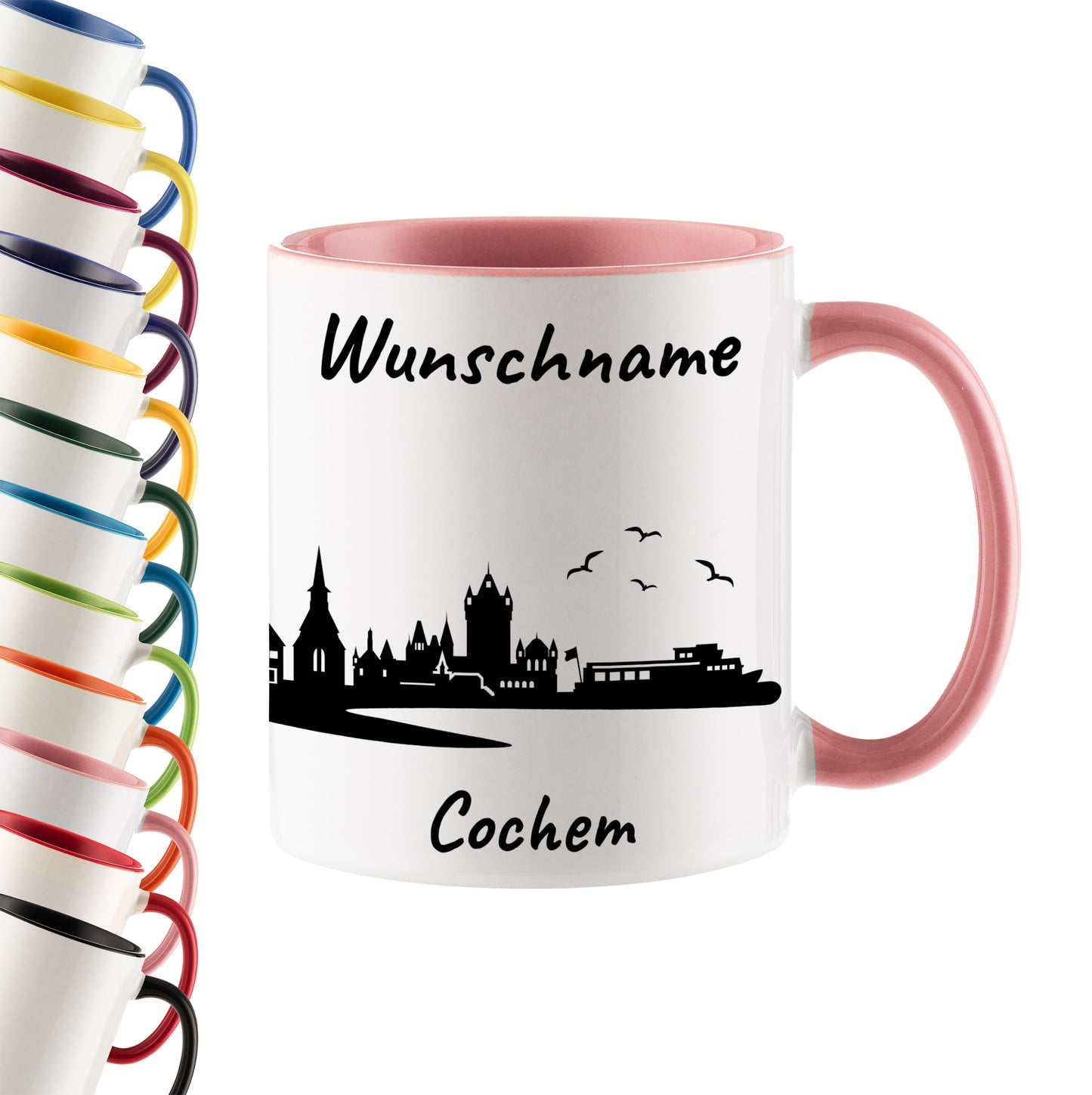 Tasse in Rosa 330ml bedruckt mit der Skyline von Cochem personalisierbar mit Wunschname