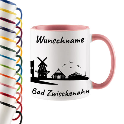Tasse in Rosa 330ml bedruckt mit der Skyline von Bad Zwischenahn personalisierbar mit Wunschname