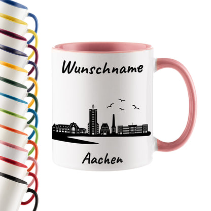 Tasse in Rosa 330ml bedruckt mit der Skyline von Aachen personalisierbar mit Wunschname